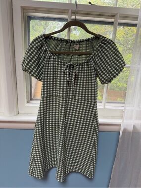 Madewell XS Green Gingham Puff-Sleeve Summer Dress